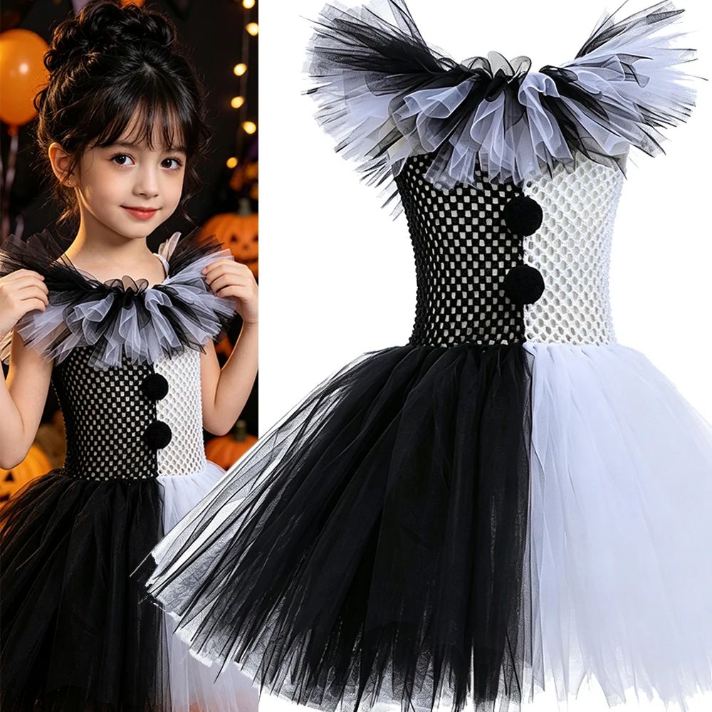 Black White Scary Clown Dress Costume For Girls With Hat Socks Gloves Full Accessory Set For Halloween Carnival Party Cosplay