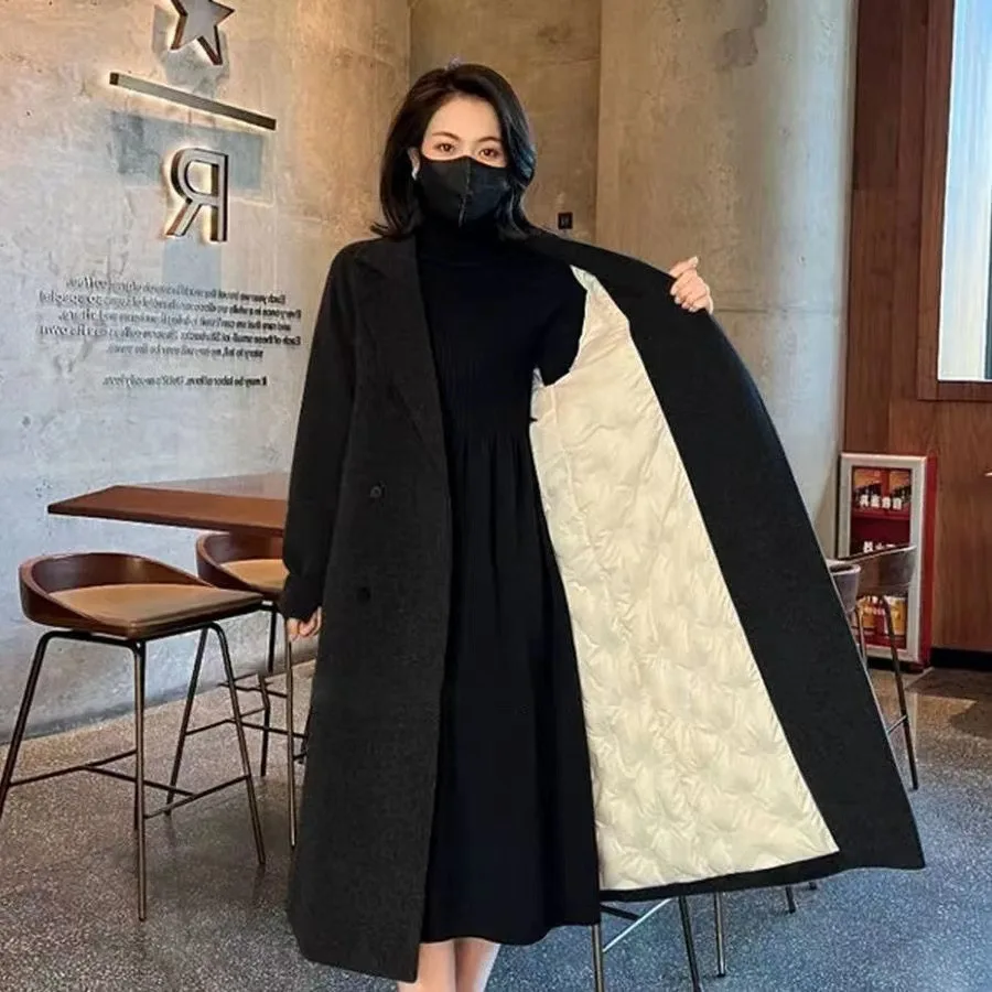 Women's Wool & Blends Long Coat in 2024 Winter, Loose Fit with Chic Single Item Fashion, Thick and Warm with Added Cotton。