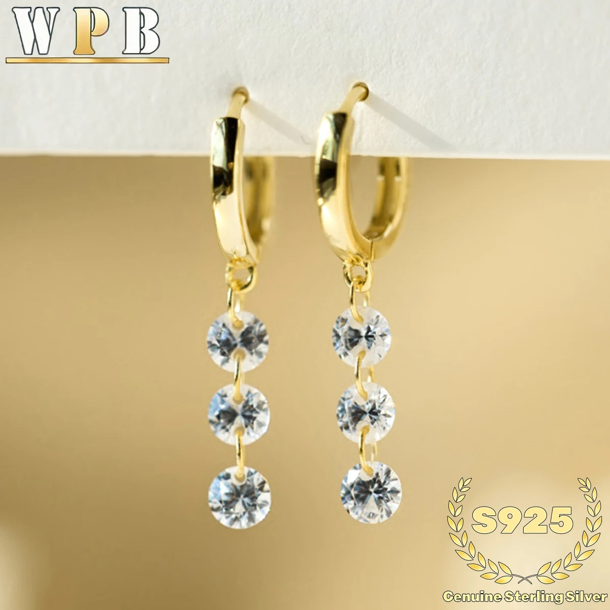 

Genuine S925 Sterling Silver Hearts & Arrows Cut Zircon Hoop Earrings - 3-Stone Dangle Earrings for Women ，Wedding Party Gift