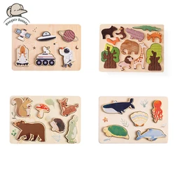 Puzzle en bois pour bébé, blocs de construction, jouet Montessori dos, dessin animé, forêt, animal marin, astronome, cadeau pour bébé