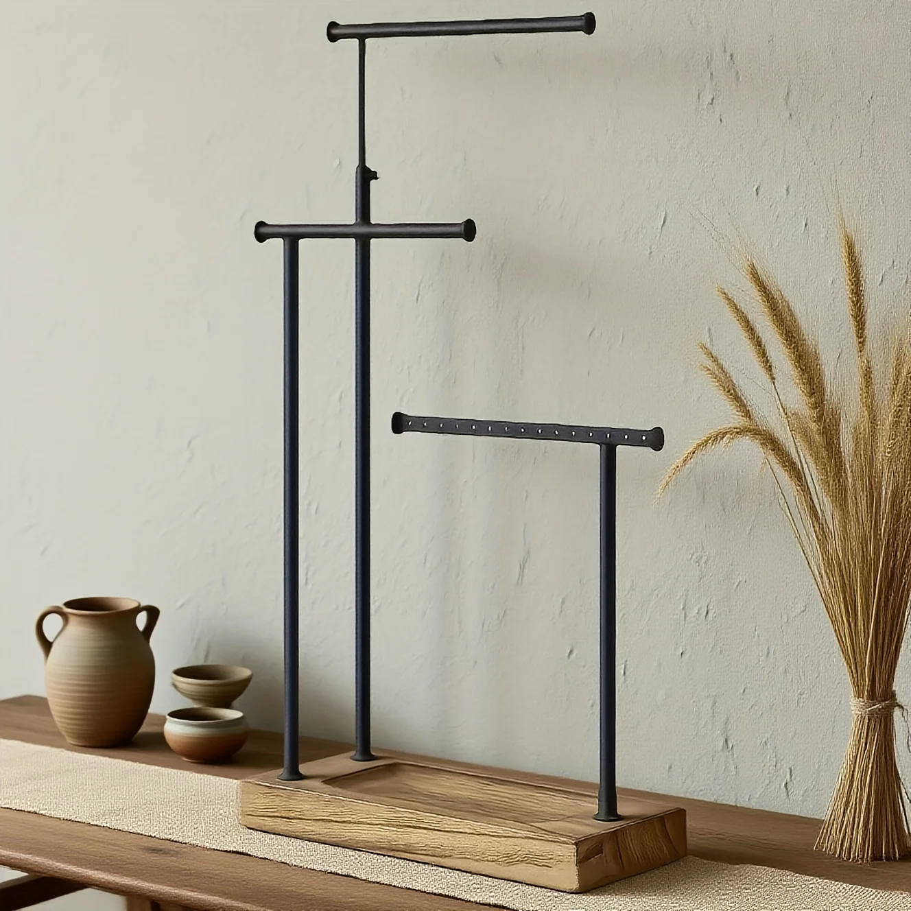 

3-Tier Height Adjustable Jewelry Display Stand - Black Metal Frame Wooden Shelves Organizer for Necklaces Bracelets Earrings