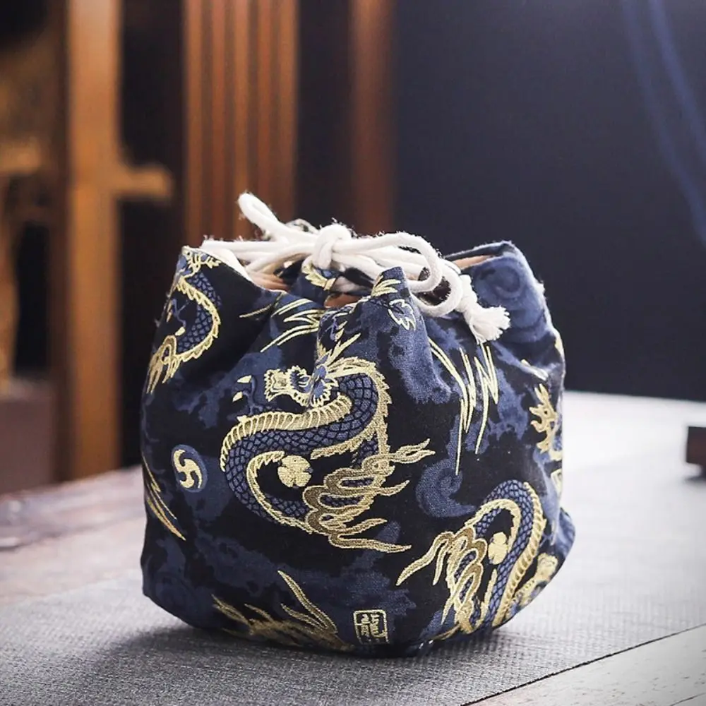 Canvas Flower Drawstring Bag Cloud Dragon Tea Set Storage Bag Large Capacity Coin Purse Wallet Square Flower Wrist Bag