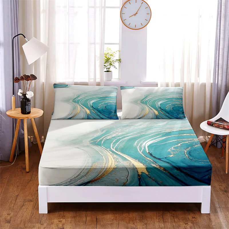 Marble Grain Digital Printed 3pc Polyester Fitted Sheet Mattress Cover Four Corners with Elastic Band Bed Sheet Pillowcases