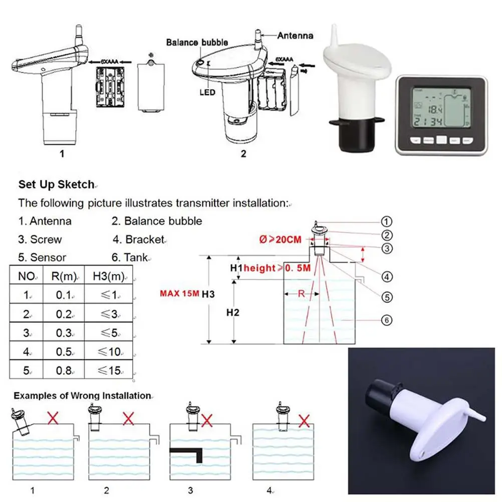 Ultrasonic Water Level Sensor with Tank Temperature Display 10-Bar Graph Real-Time Monitoring Updates Wall Mount Stand