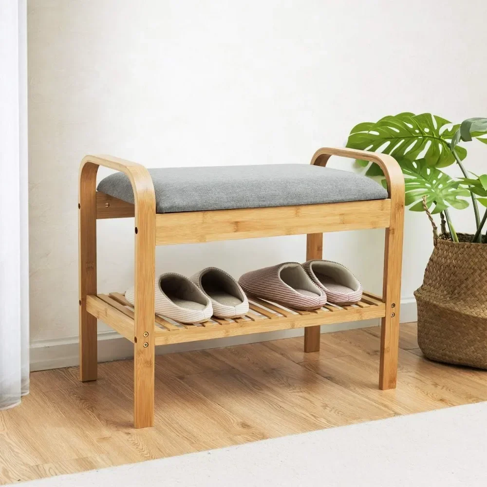 Bamboo Storage Bench with Cushioned Seat, Padded Seat Shoe Bench with Storage Shelf, Shoe Organizer , Holds Up to 330 LBS