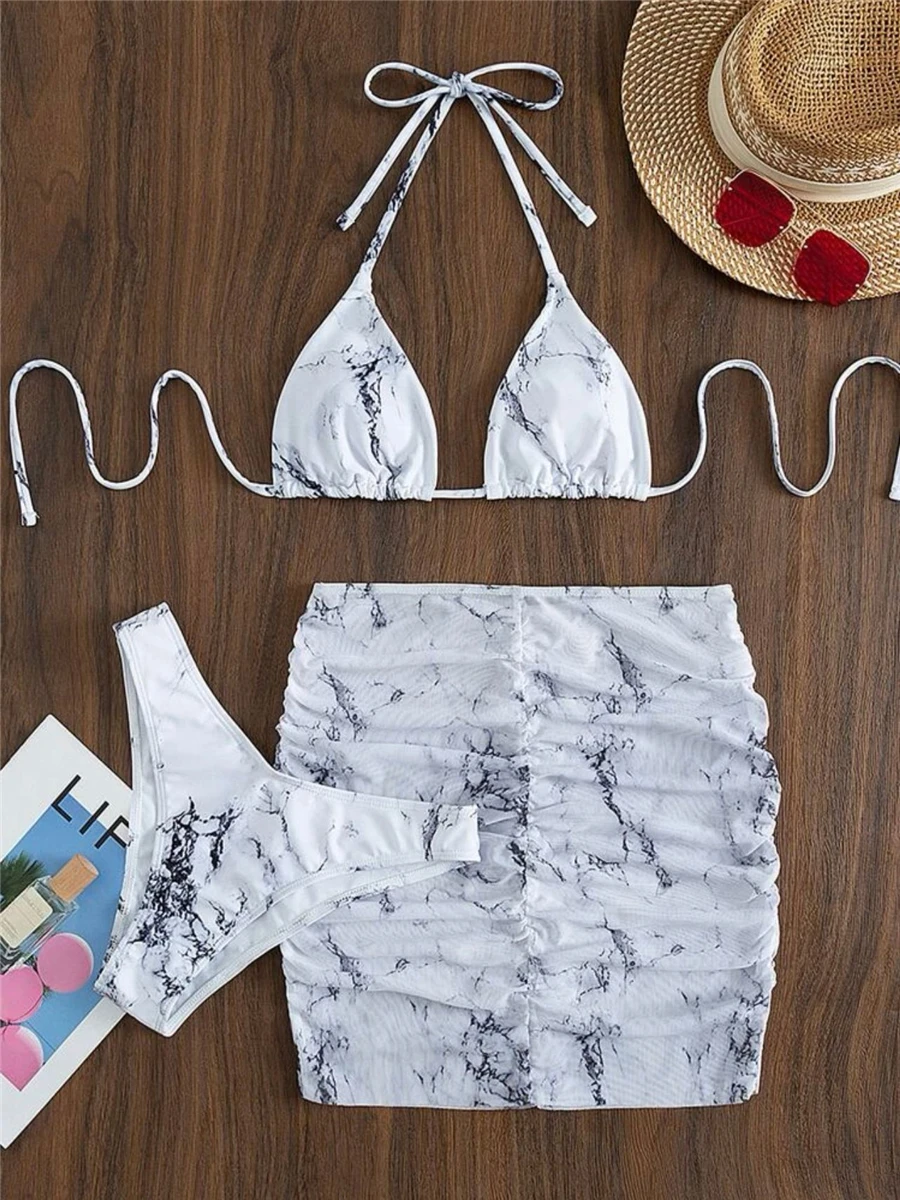 3 Pieces Thong Bikini Set With Skirt Marble texture Bathing Suit Women Swimsuit Set Female Swimwear Beach Wear Swimming Summer