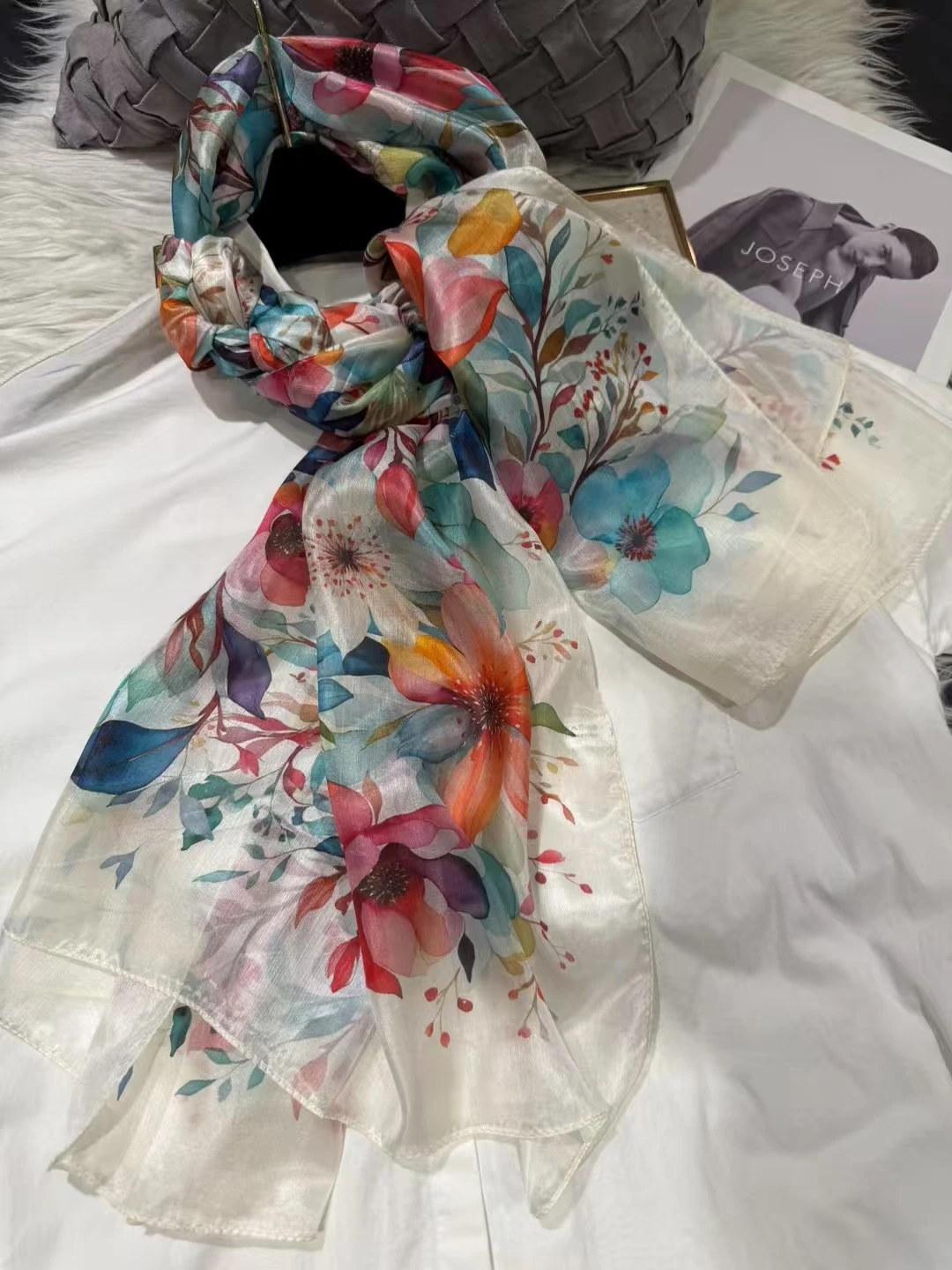 White Blue Women 100% Mulberry Silk Scarf Elegant Floral Design Long Silk Scarf Cape Summer Beach Silk Shawl Wrap Hijab Scarf image 6