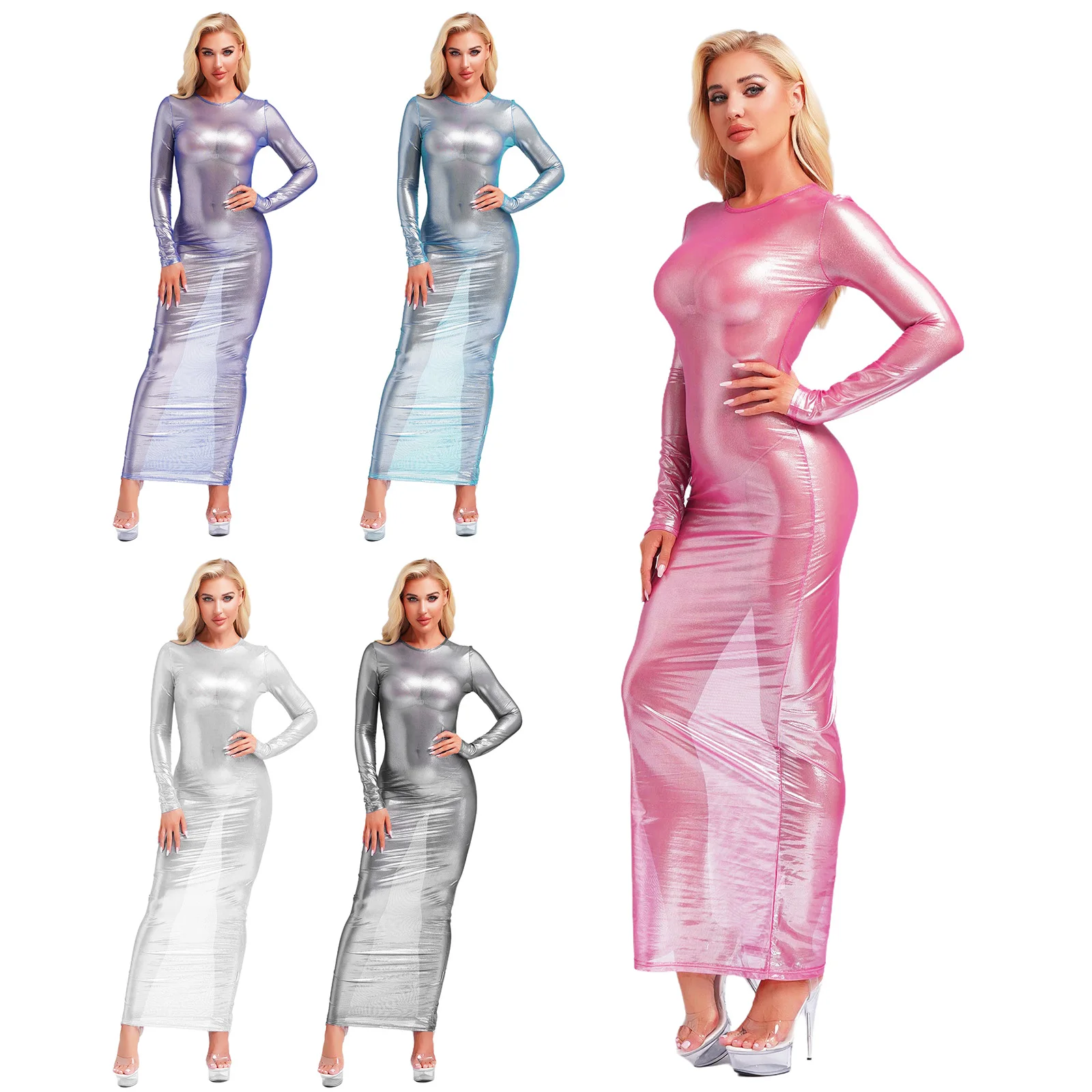 섹시한 시스루 긴 맥시 비치 드레스 여성 메탈릭 광택 풀 슬리브 솔리드 컬러 메쉬 여성 나이트 파티 Clubwear 의상