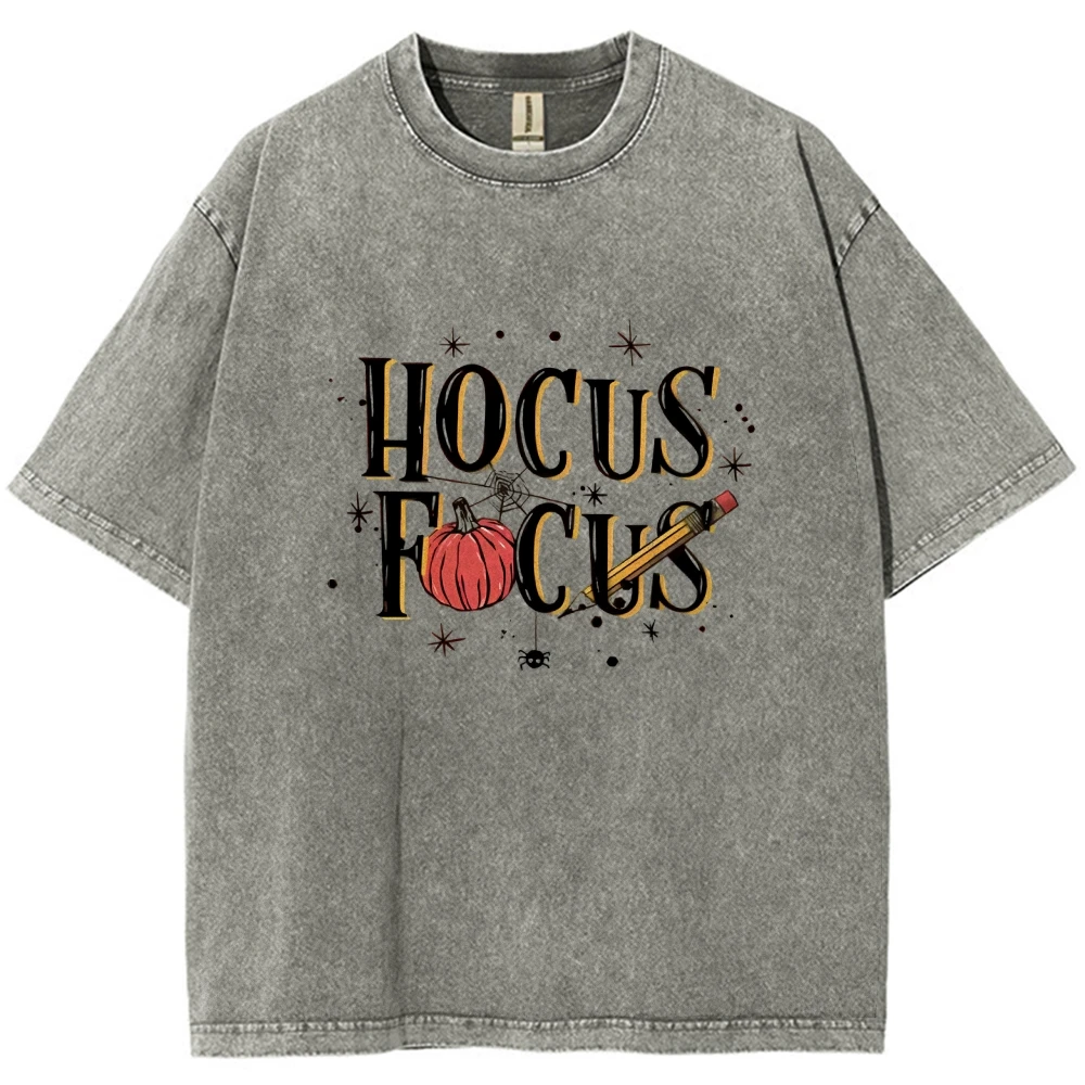 Hocus Focus Trendy Vintage Halloween Unisex Washed T-shirt Pumpkin Spider Web 90s Vintage Oversize Short Sleve Top Retro Tee