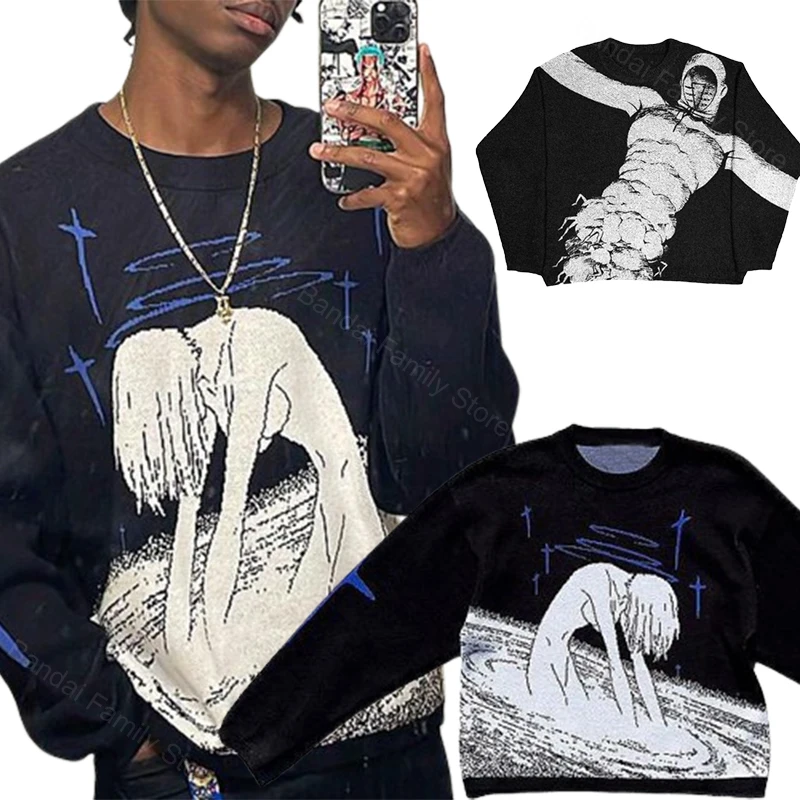 EVANGELION Ayanami Rei Sweater Anime Oversized Knitted Jumper Streetwear Hip Hop Loose Pullover for Men Women O-Neck Sweaters