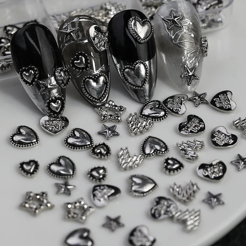 6-Compartment Alloy Heart & Five-Pointed Star Shape Nail Art Charm Boxed Metal Nail Rhinestones Ornament For Girls & Ladies