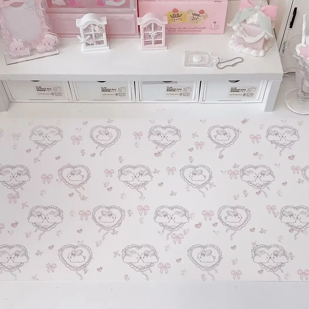 Line Love Bunny Floral Rabbit Korea Leather Desk Pad Protector Mouse Pad Office Desk Mat Waterproof Non-Slip PU Desk Blotter Pad