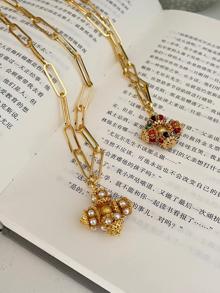 

Brass With 18K Gold Colorful Beads Floral Pendant Necklace Women Jewelry Punk Designer Runway Rare Gown Boho Japan Korean