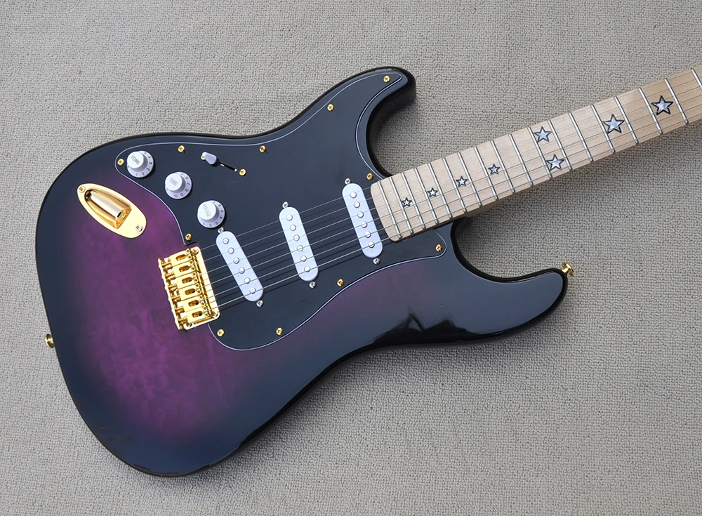 Left Hand 6 Strings Purple Electric Guitar with Black Pickguard,Maple Fretboard,Customizable