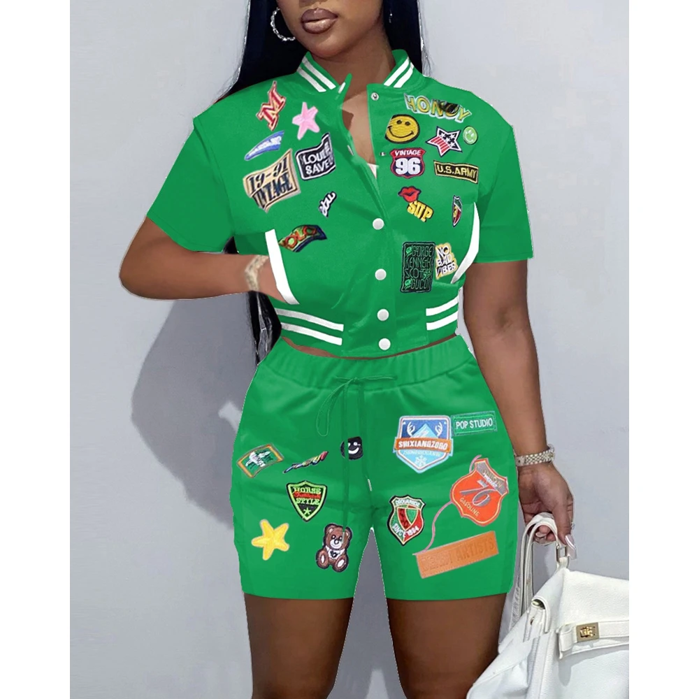 Women's Baseball Cartoon Design Two Piece Set, Short Sleeve Buttoned Crop Top and Shorts, Female Casual Summer Clothing