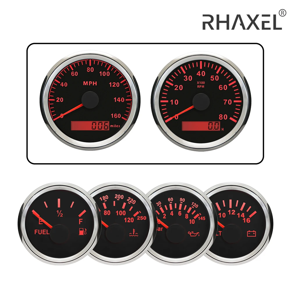 RHAXEL 6 Gauge Set GPS Speedometer Gauge 200KM/H Tachometer 8000RPM Fuel Level Water Temp. Oil Presseure 0-10Bar Voltmeter 12V