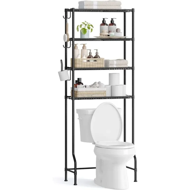 

4 Tier Over The Toilet Storage - Metal Storage Rack with Adjustable Shelves, Hooks, and Roll Holder - Space-Saving Bathroom