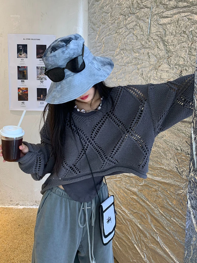 

Hollow Out Smock Pullovers Women Knitwear All-match Baggy High Street American Style Teens College Sexy Sweaters Long Sleeve New