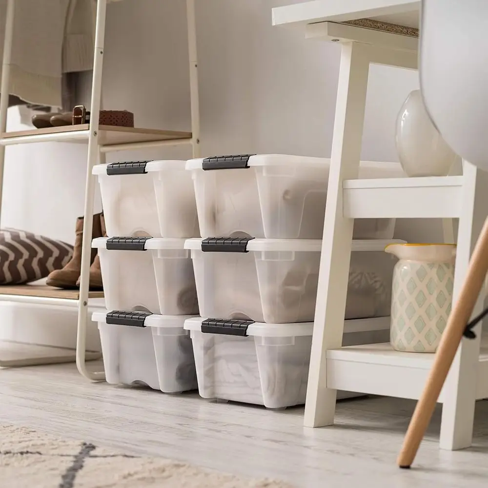 Paquete de 6 cajas de almacenamiento de plástico de 13 cuartos de galón con tapas, sin BPA, duraderas, apilables, contenedores organizadores, color perla
