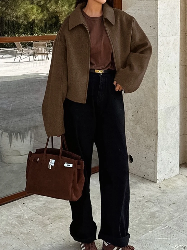 Fashion Brown Zipper Woolen Jacket for Women Elegant Lapel Long Sleeve Short Coats Female Vintage Autumn Lady Street Outerwear