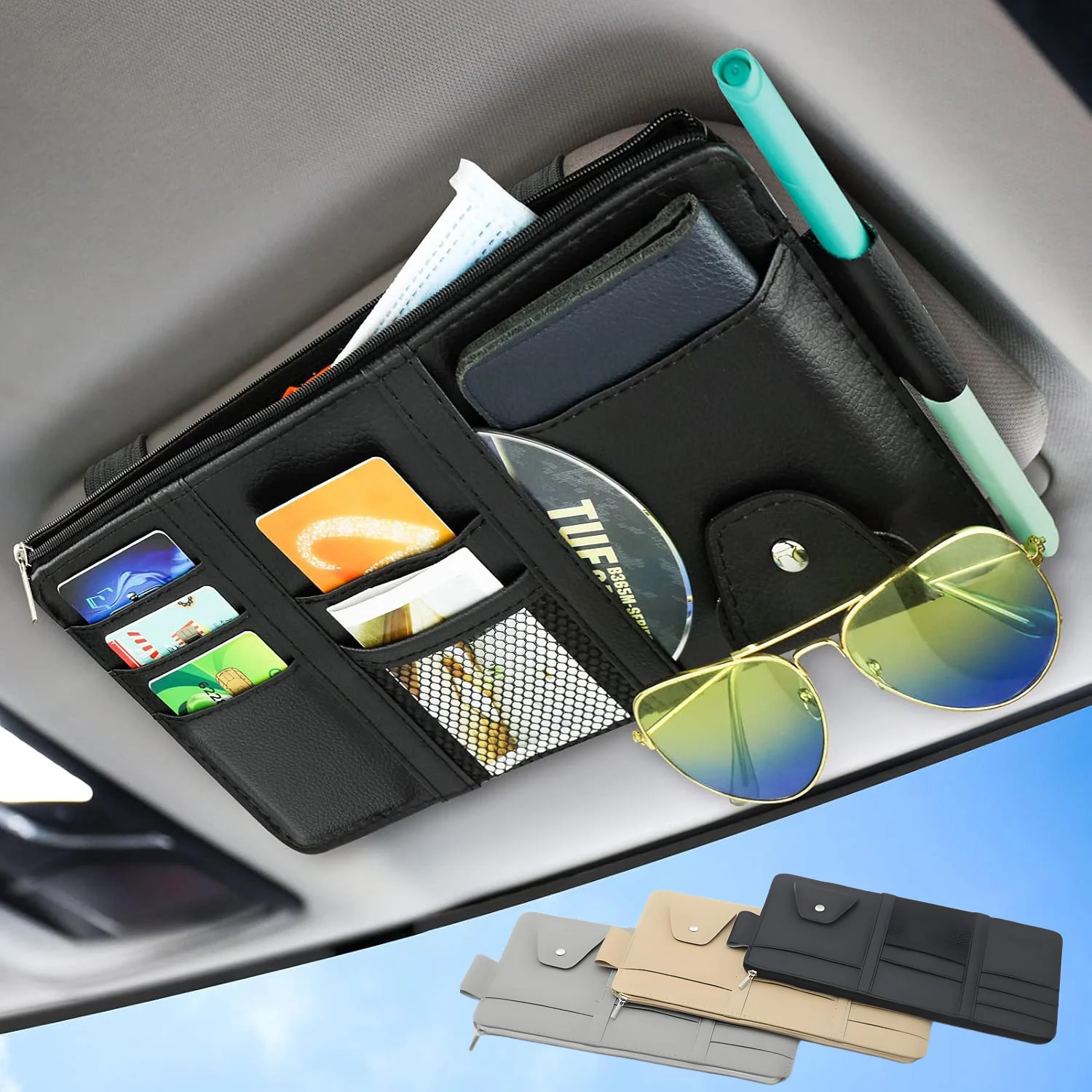 

Sunshade Storage Bag PU Leather Multi-Pocket Net Zipper Car Sun Visor Organizer Sunglasses Holder for Car Interior Accessories