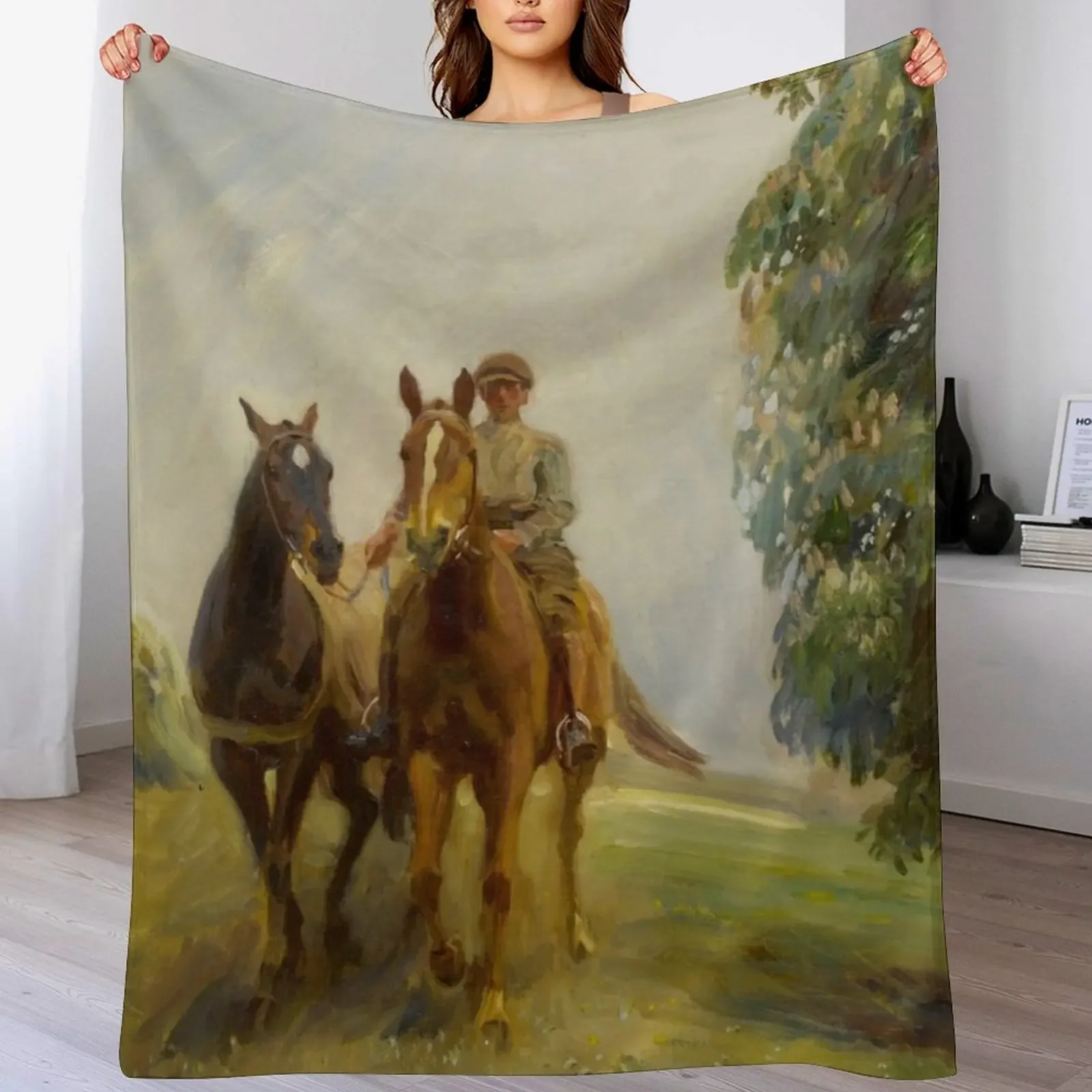 

Shrimp Leading Two Hunters - Sir Alfred James Munnings - 1912 Throw Blanket Baby Cute Summer Blankets