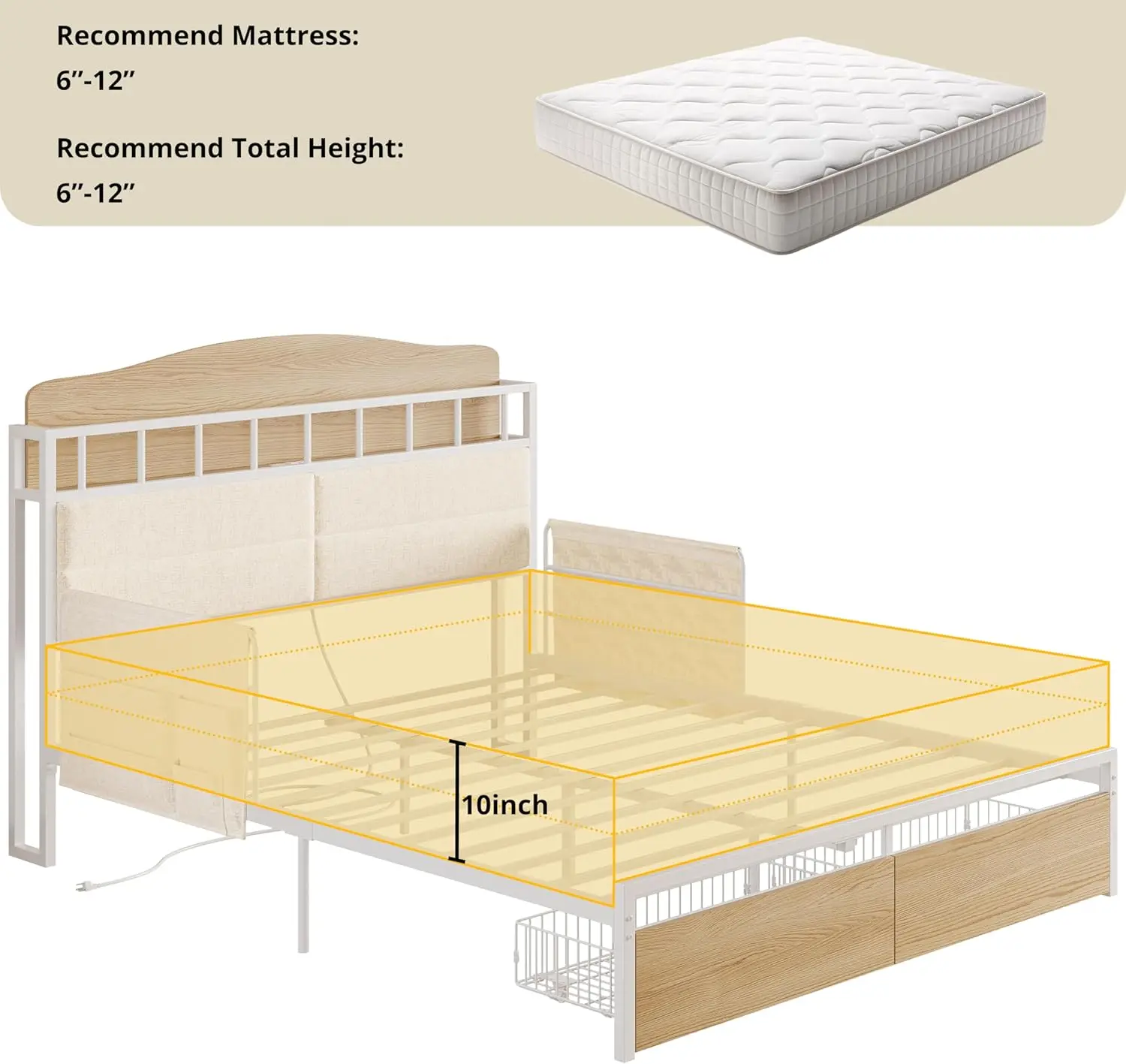 Volledig bedframe met reling en nachtkastje, multifunctioneel hoofdeinde met laadstation, duurzaam metalen platformbed, geluid