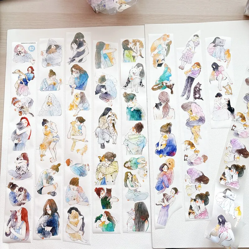 DingDing Studio Vintage Lovely Puppy Cat With Girl 62 Washi Paper Tape for Card Making DIY Scrapbooking Plan Decorative Sticker
