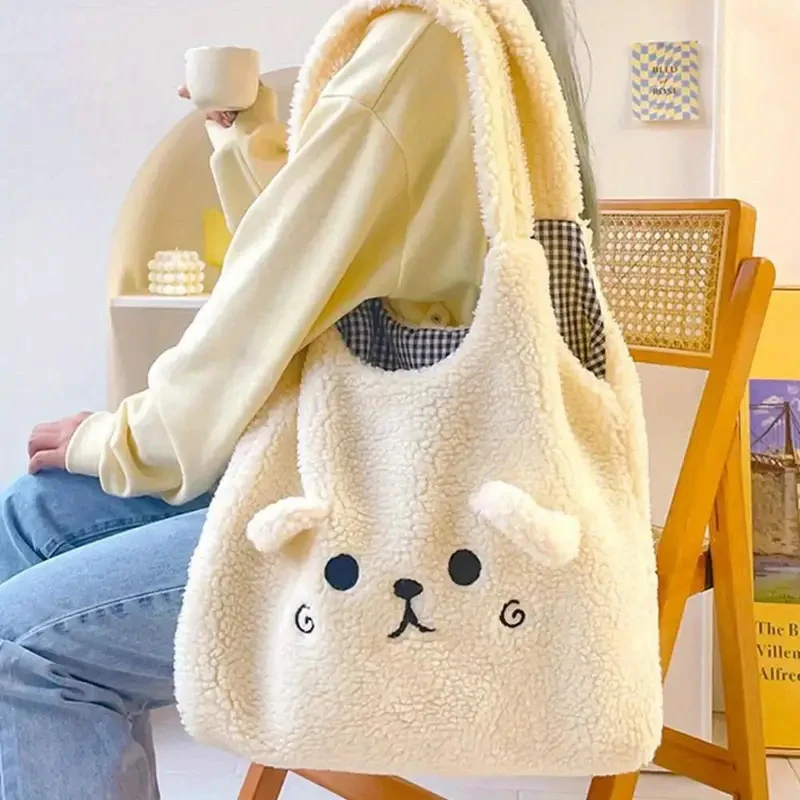 

New Soft Plush Tote Bag For Women Cartoon Embroidery Imitation Lambswool Shoulder Bag Ladies Shopping Bag Handbag Without Pendan