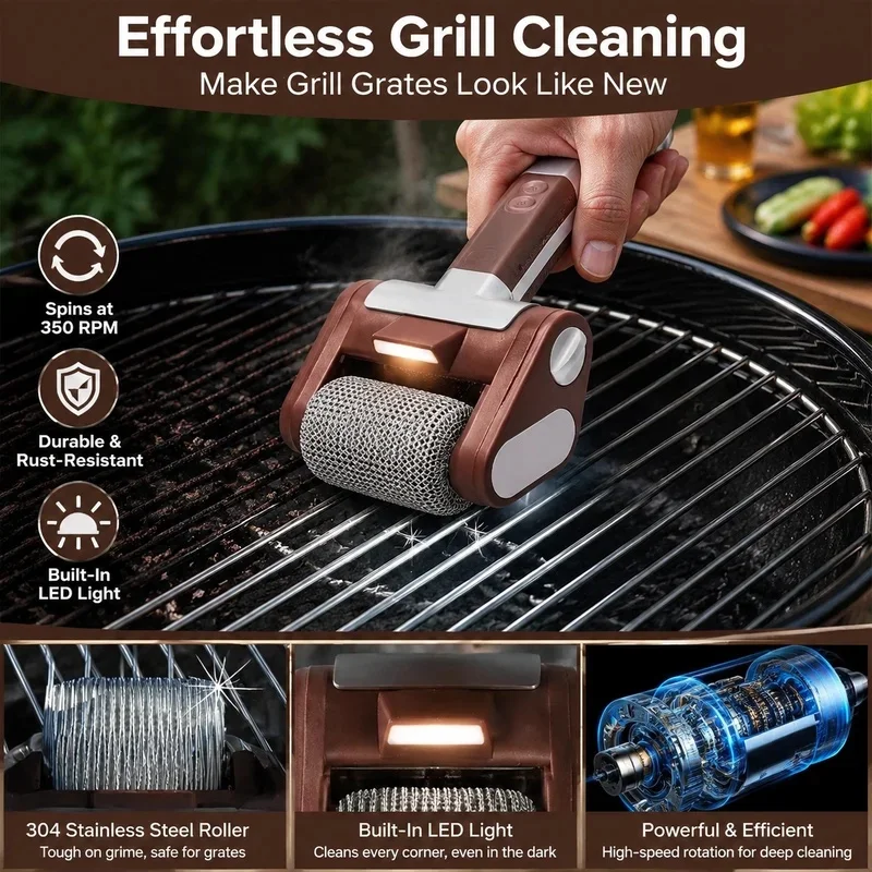 Electric Grill Brush 2 in 1 USB Rechargeable Grill Cleaning Brush Stainless Steel Brush Head 3-Speed Power for BBQ Grates