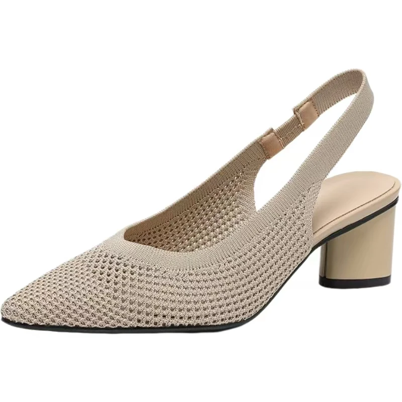 

Women Big Size Knitted Mesh Block Heel Sandals Summer New Pointed Toe Shallow Slip On Soft sole Breathable High Heel Sandals