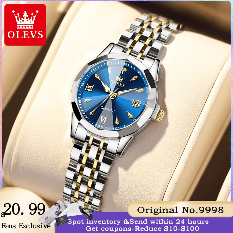 OLEVS 9998 Women Watch Fashion Business Waterproof Stainless Steel Double Calendar Diamond Watch Luxury Brand Women Quartz Watch