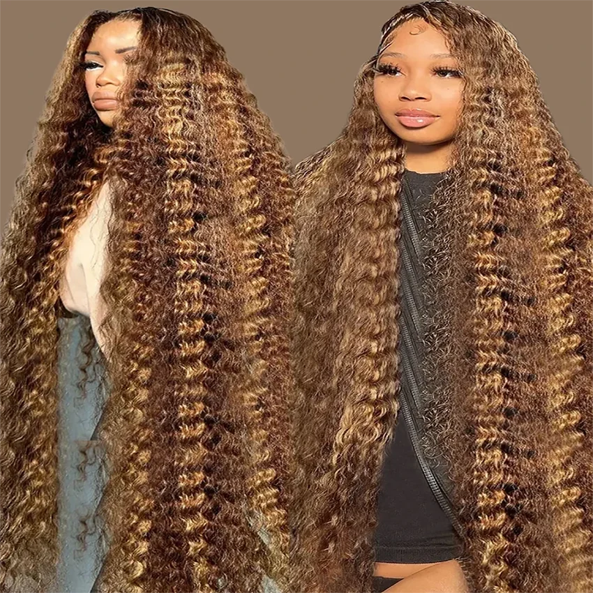 

13x4 Glueless Remy Human Wig Deep Wave 32 Inch 200 Density Highlight Ombre Colored Curly Human Wig Pre Cut For Women On Sale