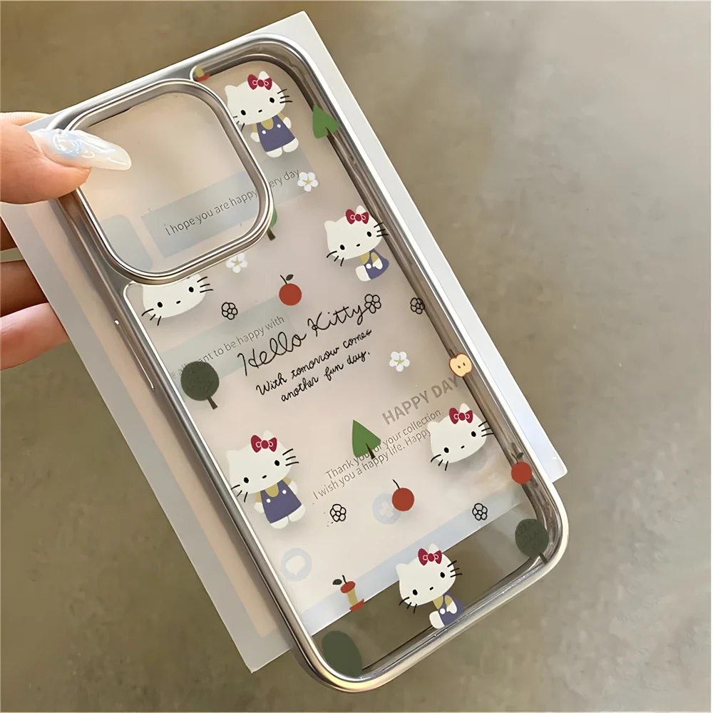 Cute Hello Kitty and Fruit Clear Case for iPhone 16 11 12 13 14 15 Pro Max Xs XR 8 Plus Ultra Thin Electroplating Silicone Cover