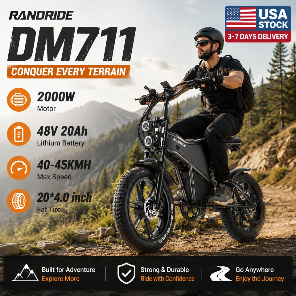 Electric Bike for Adults RANDRIDE DM711, 2000W Motor, 48V 20Ah Removable Lithium Battery, 20*4.0 inch Fat TireFull Suspension Electric Mountain Bike, Mechanical Brake, Long Range Off-Road Beach Snow Bicycle, 40-45KMH Max Speed