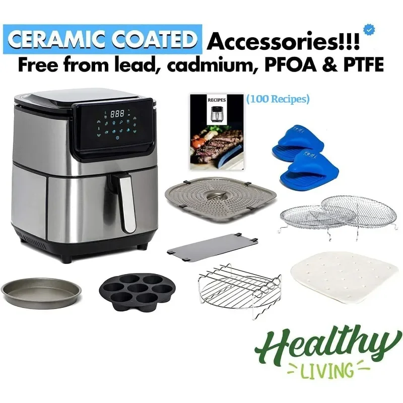 Yedi Evolution Air Fryer, 6.8 Quart, Stainless Steel, Ceramic Cooking Basket, with Deluxe Accessory Kit and Recipe Book