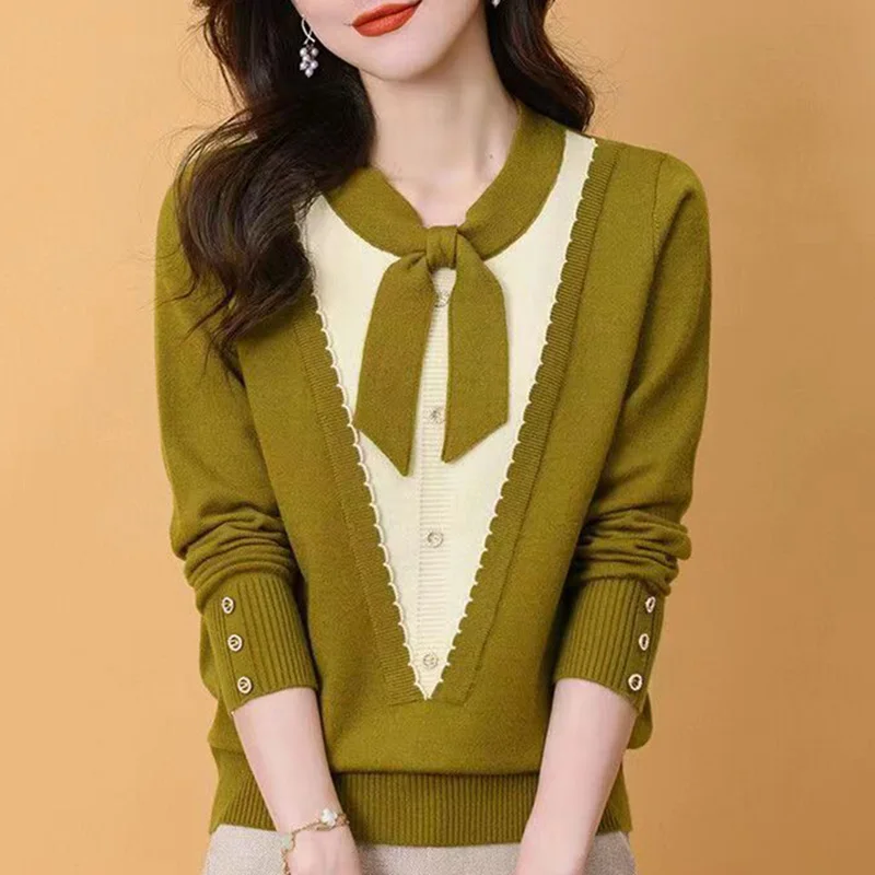 Suéter de punto empalmado con cuello en V para mujer, ropa con lazo, jerséis casuales, Tops falsos coreanos de dos piezas, moda de otoño, 2023