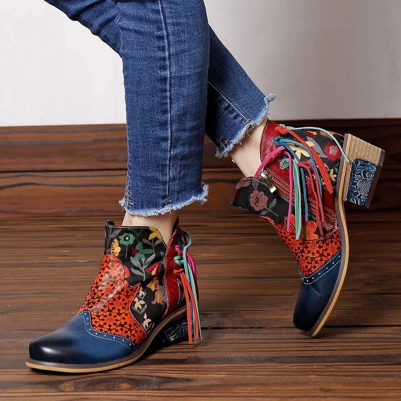 Bohemian Ankle Boots Women Shoes Genuine Leather Retro Printed Zip Block High Heels Ladies Shoes Boats Mujer women boots