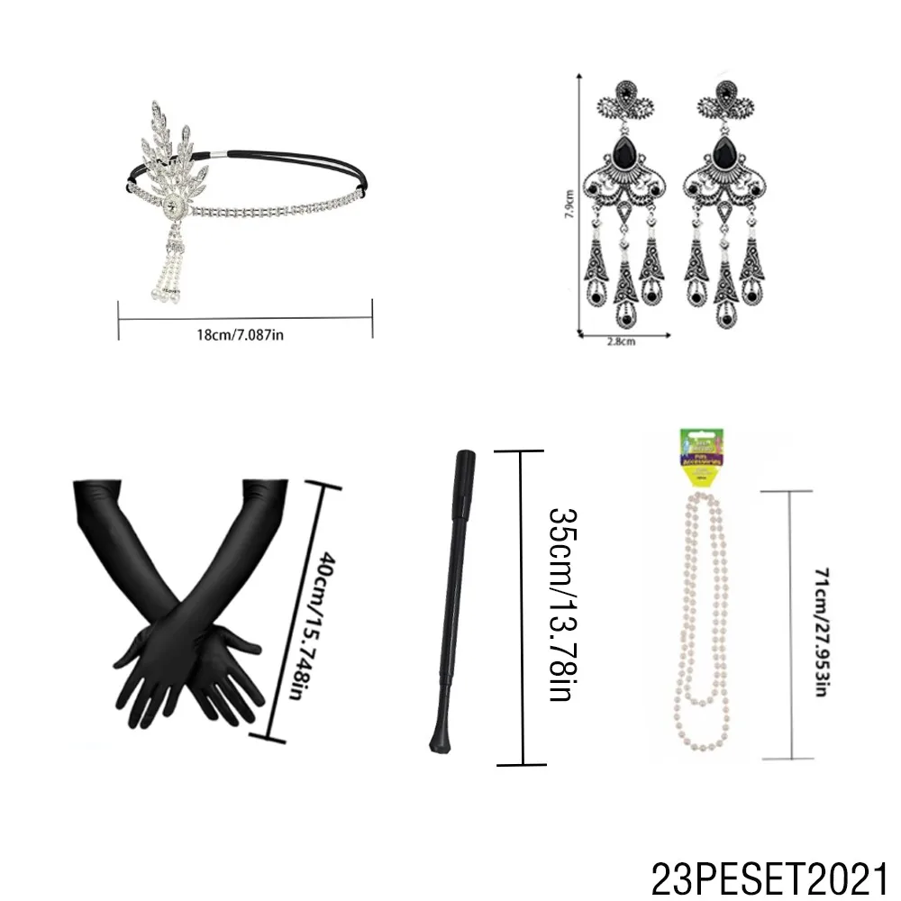 ชุดสตรีย้อนยุคยุค 1920: ที่คาดผมขนนกประดับเพชร, สร้อยคอมุก, ต่างหู, ถุงมือ, ชุดงานเลี้ยงธีมหรูหรา