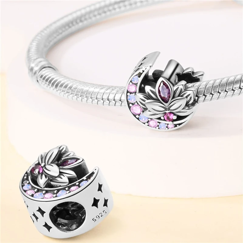 2024 New 925 Sterling Silver Purple Retro Heart Shape Lotus Pattern Charms Beads Fit Pandach Original Bracelets DIY Jewelry