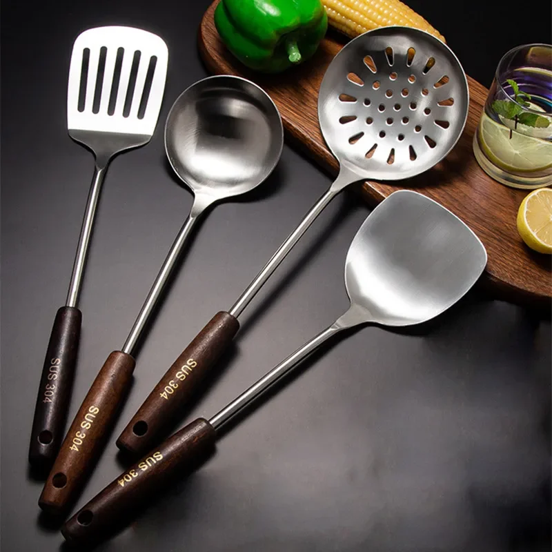 Espátula gruesa de acero inoxidable 304 para cocinar, espátula de hierro para freír, cuchara, colador, juego de utensilios de cocina para el hogar para chefs