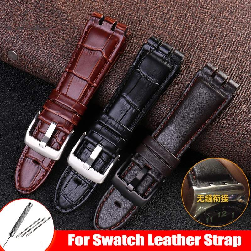 

23MM Genuine Calf Leather Watchband For Swatch IRONY YOS440 449 448 447 401G Men Watch Strap Steel Clasp Cowhide Bracelet Brown