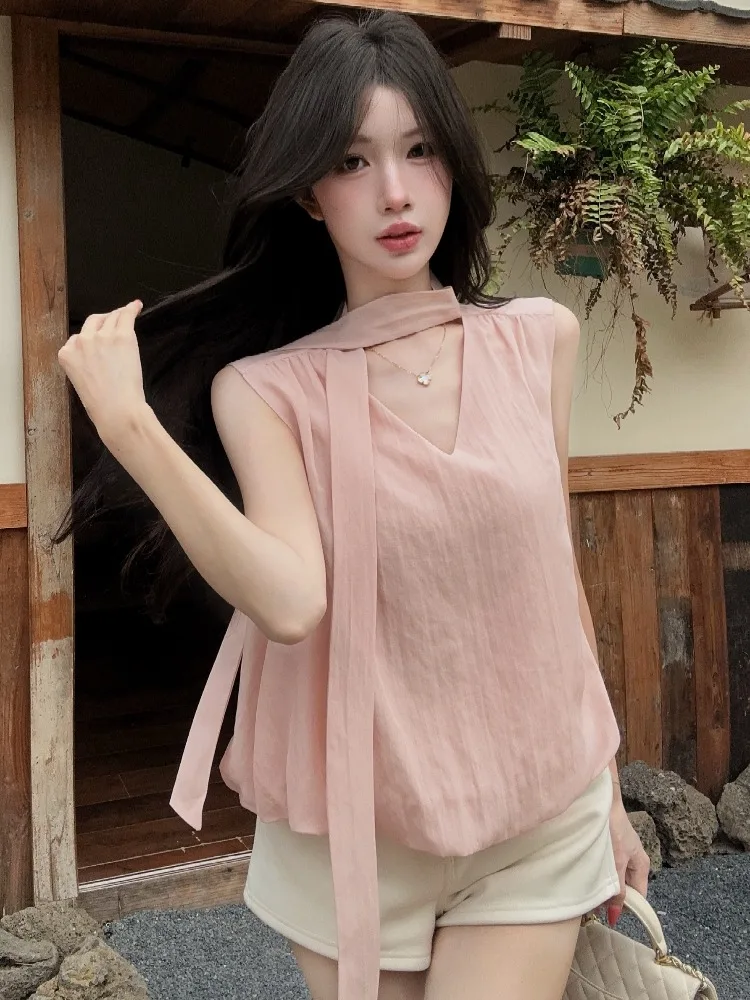 

Sweet Holiday Style Loose Casual Flower Bud Shape Strapless Sleeveless Top Women's Summer New Fashion Knot Neck Vest