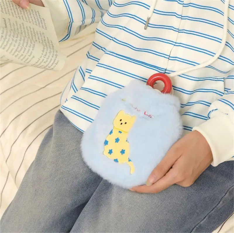 350ML Embroidered Kitten Fluffy Warming Products Reusable Explosion Proof Handheld Warm Water Bag Soft Water-filling Bottle