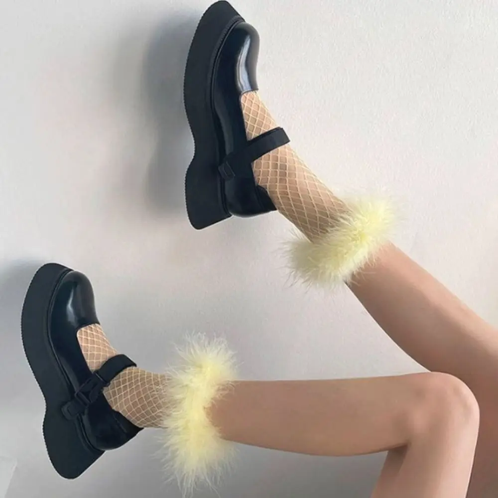 Eye-catching Mesh Feather Fishnet Stockings Bright Color Ruffle Mid Tube Socks Furry Hosiery Socks Women Y2K Music Festival