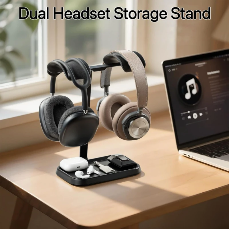 Dual Headphone Stand with Aluminum Alloy Support Rod Universal Rack for Gaming & Music Stable Storage Base Space Saving