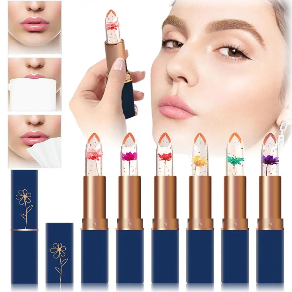 Balsamo per le labbra tubo blu scuro trasparente rossetto fiore essiccato oro Lip Jelly colore foglia cura che cambia idratante I7s1