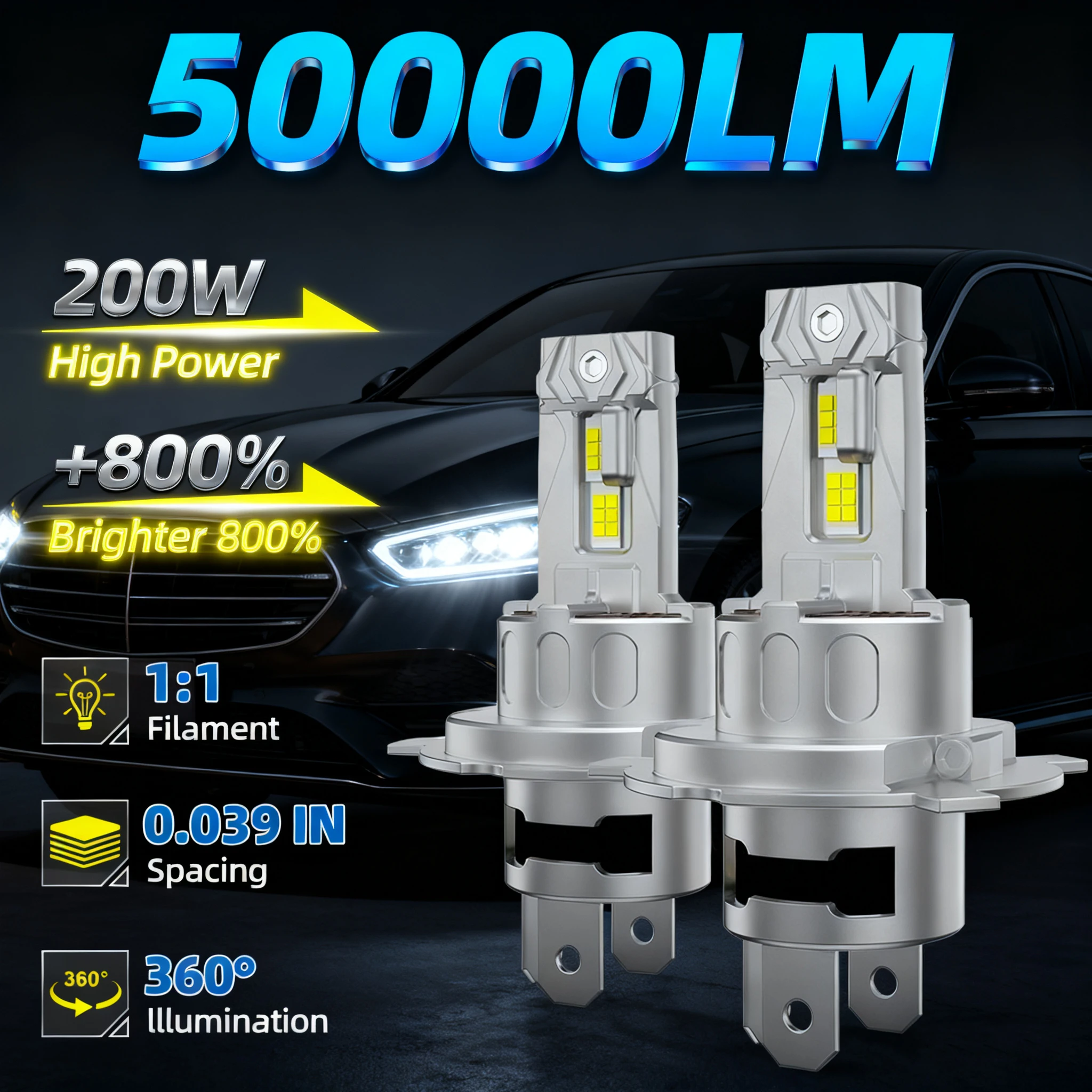 

H4 Led Headlight Canbus 1:1 Mini Size Car Front Lights With Fan 50000LM 200W Super Bright Wireless Turbo Fog Bulb 6000K White