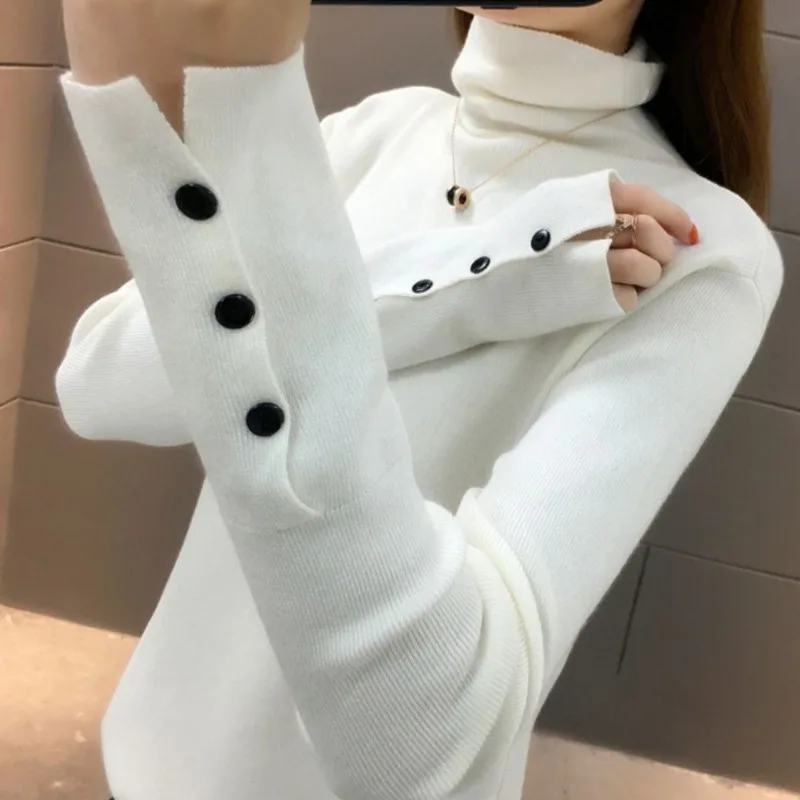 Autumn Winter Clothes Woman Sweaters Buttons Turtleneck Solid Pullovers Basics Korean Fashion Simple Pulls Femmes