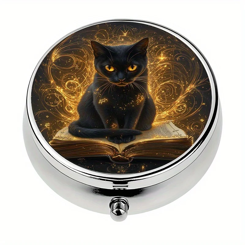 1-Pack Three-Compartment Pill Box, Magic Black Cat Themed Mini Pill Box, Pill Storage Box, Unique Gift for Halloween or Christmas